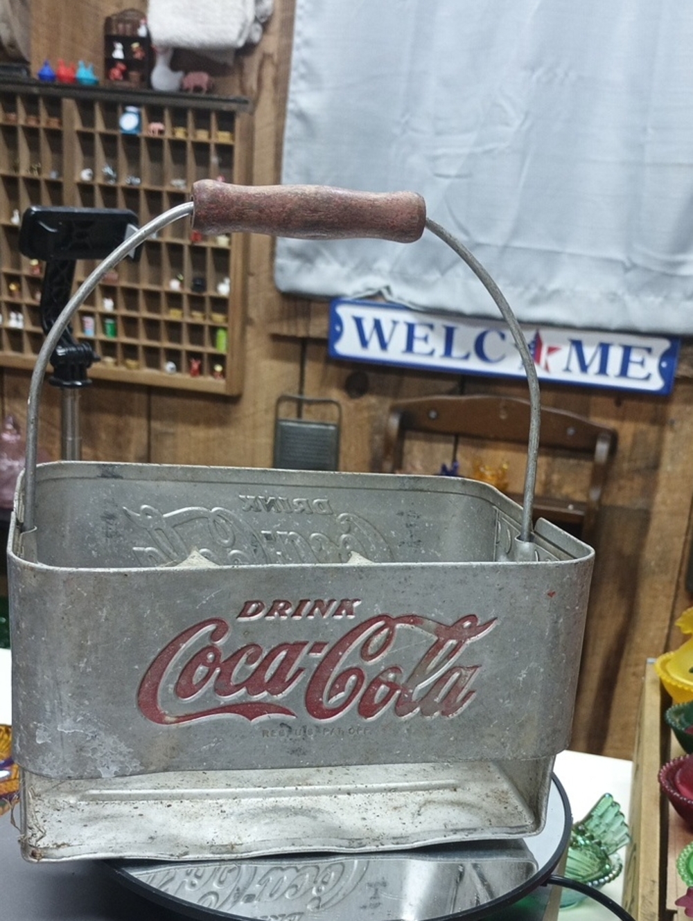 Coca Cola Silver Metal Carrier with Red Logo and Wooden Handle